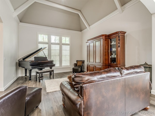 3661 S Lewis Ave, Tulsa, OK 74105 - living room featuring wood finished floors, baseboards, and high vaulted ceiling