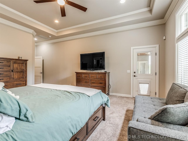 3661 S Lewis Ave, Tulsa, OK 74105 - bedroom featuring light colored carpet, crown molding, a raised ceiling, ceiling fan, and recessed lighting