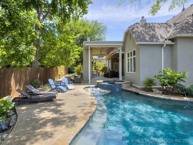 3661 S Lewis Ave, Tulsa, OK 74105 - view of pool featuring a patio, fence, an outdoor hangout area, a pool with connected hot tub, and ceiling fan
