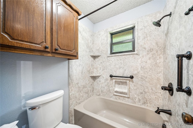 full bath with a textured ceiling, toilet, and shower / bath combination