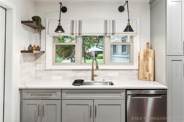 bar with dishwasher, a sink, backsplash, and pendant lighting