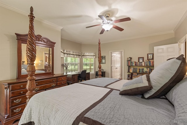 bedroom with crown molding, a ceiling fan, and ensuite bathroom