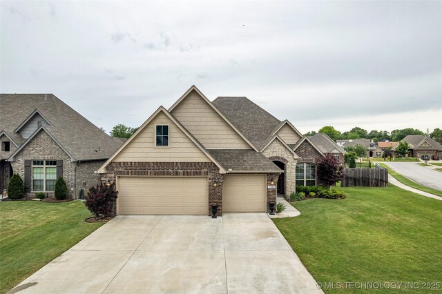 view of front facade featuring concrete driveway, brick siding, a shingled roof, and a garage