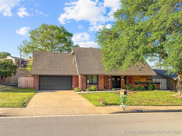 view of front of house featuring an attached garage, brick siding, concrete driveway, roof with shingles, and a porch