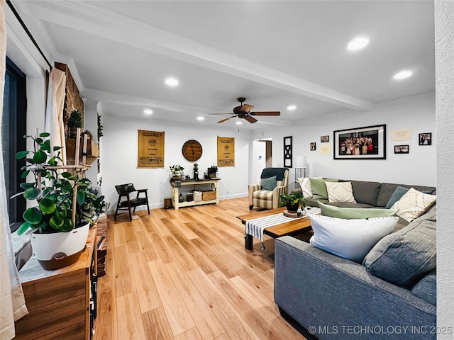 living room featuring recessed lighting, beam ceiling, light wood-style floors, ceiling fan, and baseboards
