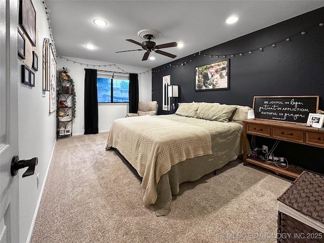bedroom with carpet flooring, recessed lighting, vaulted ceiling, baseboards, and a ceiling fan