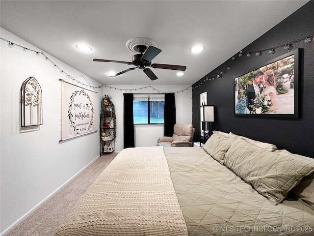 bedroom featuring carpet flooring, recessed lighting, a ceiling fan, and baseboards