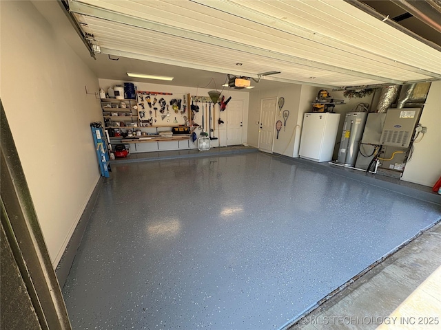 garage with a garage door opener, water heater, refrigerator, heating unit, and baseboards