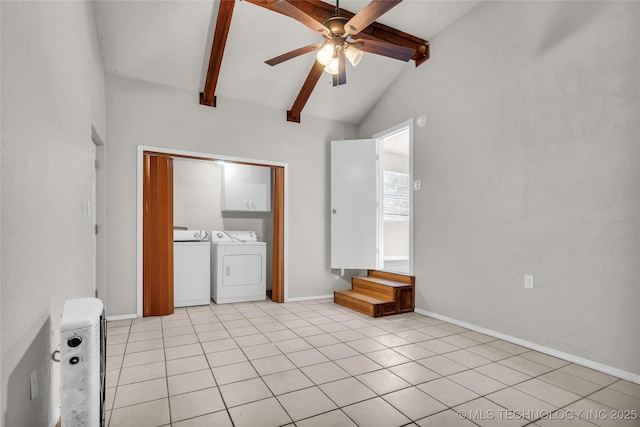 empty room with separate washer and dryer, a ceiling fan, baseboards, and light tile patterned floors