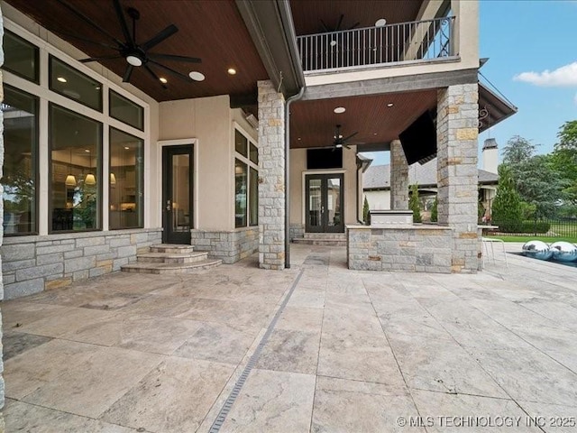 4301 S Mimosa Ave, Broken Arrow, OK 74011 - view of patio featuring ceiling fan, a balcony, french doors, and exterior kitchen