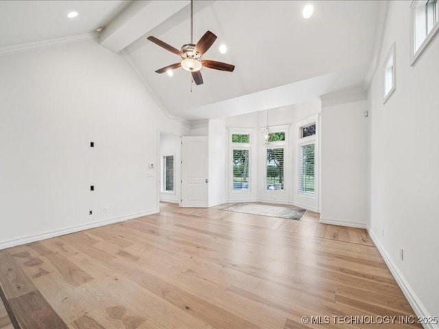 4301 S Mimosa Ave, Broken Arrow, OK 74011 - unfurnished living room with ceiling fan, beamed ceiling, healthy amount of natural light, light wood-type flooring, and high vaulted ceiling