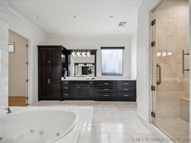 4301 S Mimosa Ave, Broken Arrow, OK 74011 - full bathroom featuring crown molding, a shower stall, a whirlpool tub, vanity, and baseboards