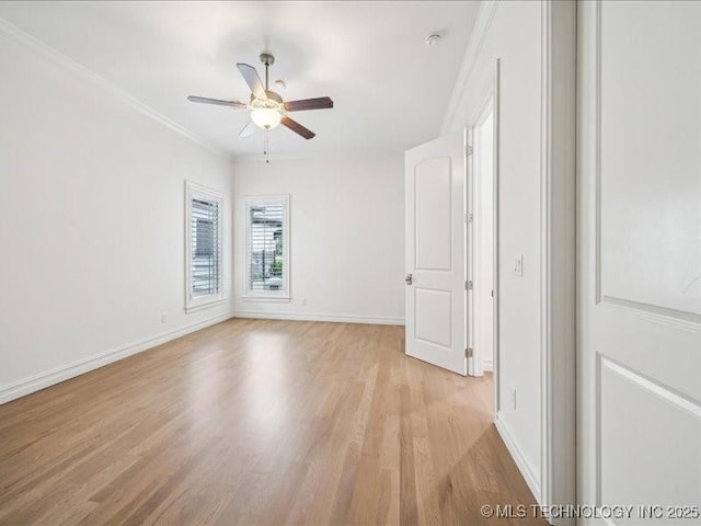 4301 S Mimosa Ave, Broken Arrow, OK 74011 - unfurnished room with light wood finished floors, ceiling fan, baseboards, and crown molding