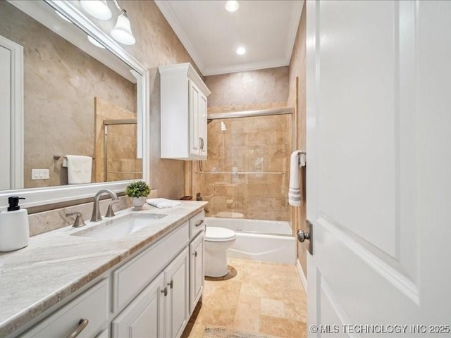 4301 S Mimosa Ave, Broken Arrow, OK 74011 - bathroom with vanity, toilet, shower / bath combination with glass door, recessed lighting, and crown molding