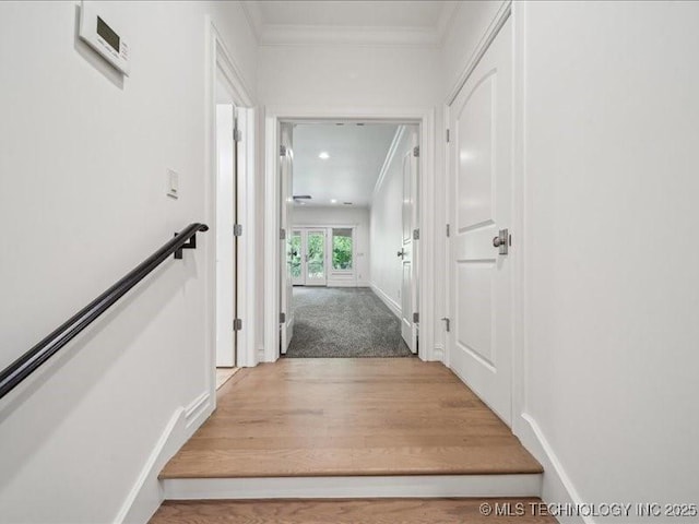 4301 S Mimosa Ave, Broken Arrow, OK 74011 - hallway featuring ornamental molding, wood finished floors, baseboards, and recessed lighting