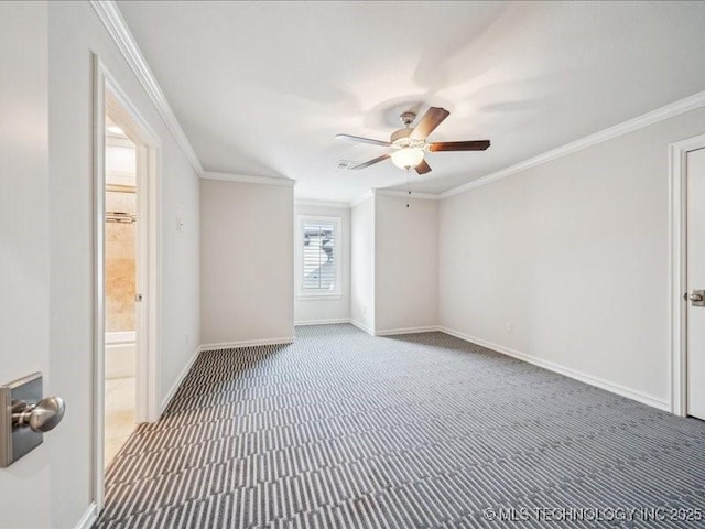 4301 S Mimosa Ave, Broken Arrow, OK 74011 - spare room with ceiling fan, ornamental molding, carpet flooring, and baseboards
