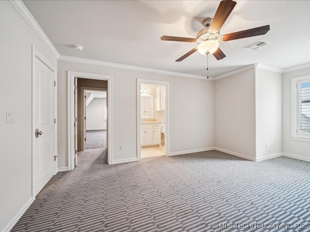 4301 S Mimosa Ave, Broken Arrow, OK 74011 - unfurnished bedroom featuring carpet floors, crown molding, baseboards, ceiling fan, and ensuite bathroom