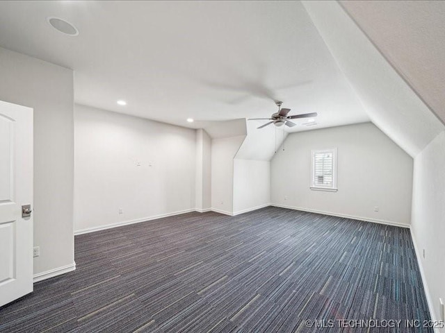 4301 S Mimosa Ave, Broken Arrow, OK 74011 - additional living space featuring a ceiling fan, dark carpet, baseboards, vaulted ceiling, and recessed lighting