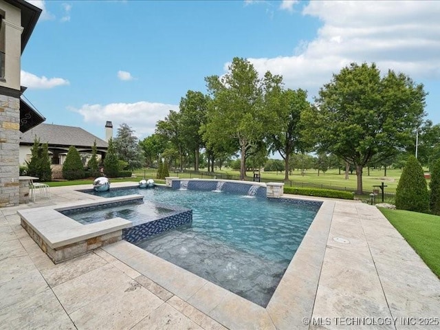 4301 S Mimosa Ave, Broken Arrow, OK 74011 - view of swimming pool with a pool with connected hot tub, a lawn, and a patio