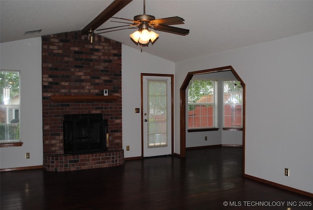 9908 S 95th E Ave, Broken Arrow, OK 74133 - unfurnished living room featuring wood finished floors, ceiling fan, baseboards, and a brick fireplace