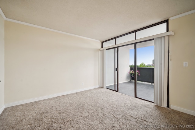unfurnished bedroom with crown molding, carpet floors, access to outside, and baseboards