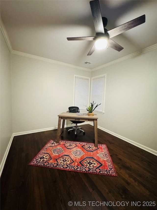 3922 S Norfolk Ave, Tulsa, OK 74105 - office with dark wood-style floors, baseboards, a ceiling fan, and crown molding