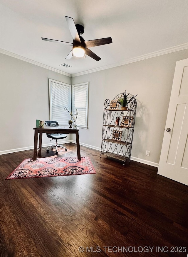 3922 S Norfolk Ave, Tulsa, OK 74105 - office space featuring wood finished floors, a ceiling fan, baseboards, and crown molding