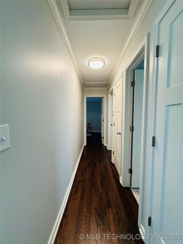 3922 S Norfolk Ave, Tulsa, OK 74105 - hallway with dark wood finished floors, ornamental molding, and baseboards