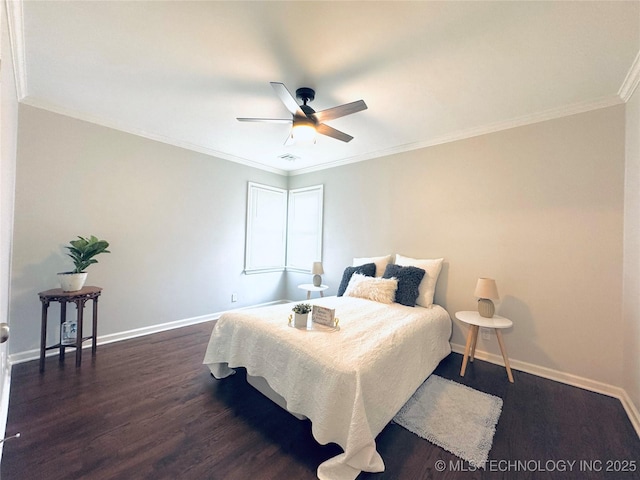 3922 S Norfolk Ave, Tulsa, OK 74105 - bedroom featuring baseboards, ornamental molding, dark wood-style flooring, and ceiling fan