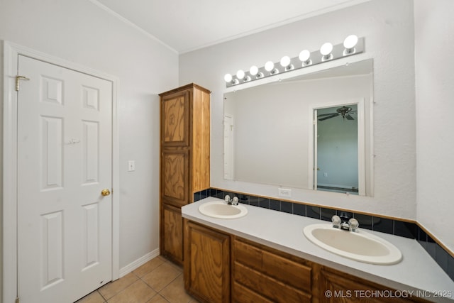 11462 Red Fox Ln, Sperry, OK 74073 - full bath featuring tile patterned floors, double vanity, ceiling fan, and crown molding