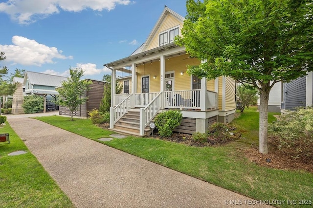 43 Center Ln S, Carlton Landing, OK 74432 - bungalow-style house with a porch, a front lawn, and stairs
