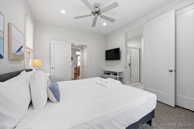 43 Center Ln S, Carlton Landing, OK 74432 - bedroom with recessed lighting, multiple windows, a ceiling fan, carpet, and connected bathroom