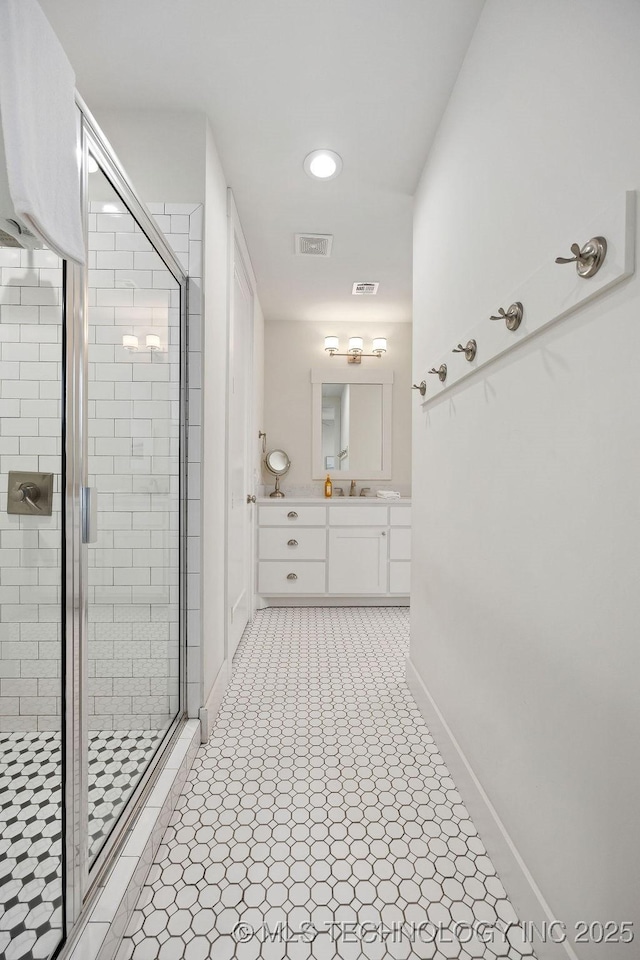 43 Center Ln S, Carlton Landing, OK 74432 - bathroom featuring a shower stall, vanity, and baseboards