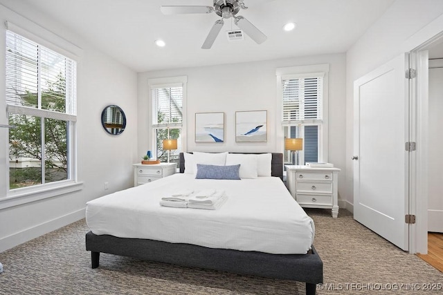 43 Center Ln S, Carlton Landing, OK 74432 - carpeted bedroom with baseboards, ceiling fan, and recessed lighting