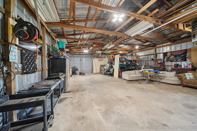 garage with a workshop area
