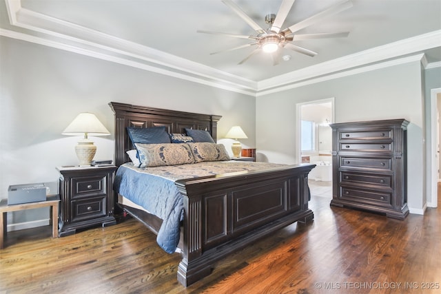 3909 W Utica St, Broken Arrow, OK 74011 - bedroom with crown molding, wood finished floors, a ceiling fan, and ensuite bath