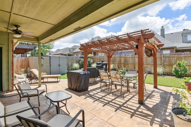 3909 W Utica St, Broken Arrow, OK 74011 - fenced backyard with outdoor dining space, a pergola, a patio, and ceiling fan