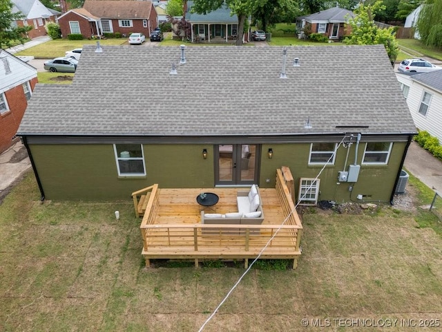 4723 E 8th St, Tulsa, OK 74112 - back of property featuring a shingled roof, a wooden deck, french doors, a residential view, and central air condition unit