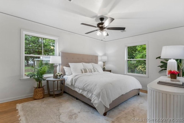 4723 E 8th St, Tulsa, OK 74112 - bedroom with light wood-type flooring, baseboards, and ceiling fan