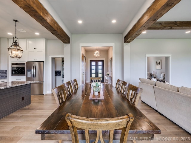 3241 E 171st St S, Bixby, OK 74008 - dining room with beamed ceiling, a chandelier, light wood-style floors, recessed lighting, and french doors