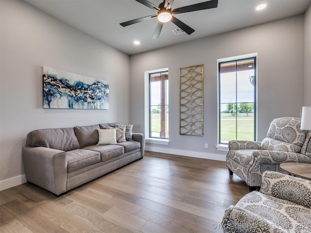 3241 E 171st St S, Bixby, OK 74008 - living area featuring wood-type flooring, ceiling fan, baseboards, and recessed lighting