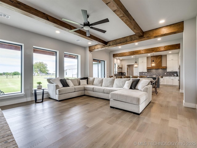 3241 E 171st St S, Bixby, OK 74008 - living room with beamed ceiling, recessed lighting, healthy amount of natural light, light wood-style flooring, and ceiling fan
