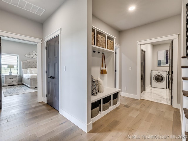 3241 E 171st St S, Bixby, OK 74008 - mudroom with washer / clothes dryer, light wood-style flooring, baseboards, and recessed lighting