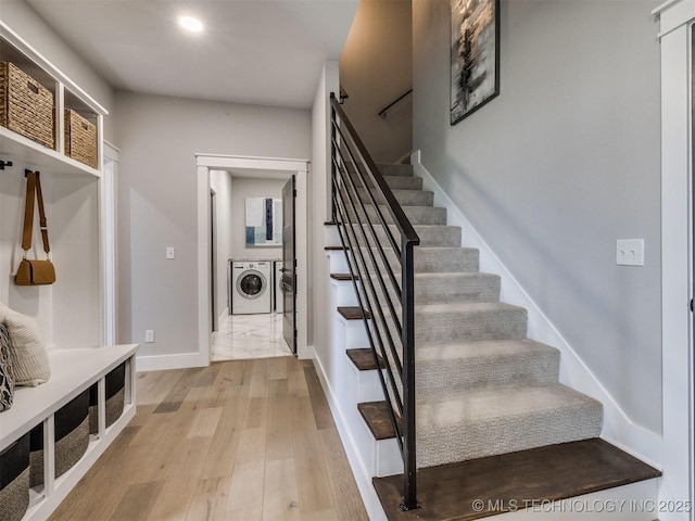 3241 E 171st St S, Bixby, OK 74008 - mudroom featuring independent washer and dryer, light wood-style flooring, baseboards, and recessed lighting