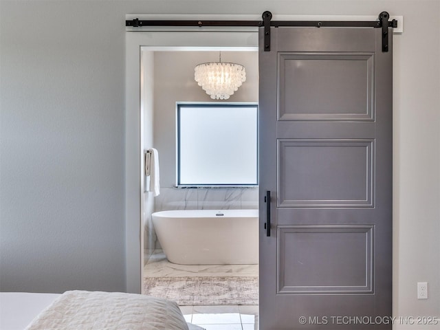 3241 E 171st St S, Bixby, OK 74008 - full bath with a freestanding tub, a chandelier, and marble finish floors