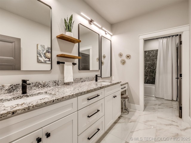 3241 E 171st St S, Bixby, OK 74008 - full bathroom with marble finish floors, baseboards, double vanity, and shower / tub combo with curtain