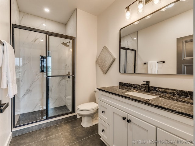 3241 E 171st St S, Bixby, OK 74008 - full bath with toilet, a marble finish shower, vanity, and tile patterned flooring