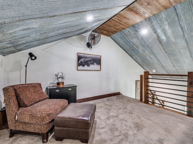 3241 E 171st St S, Bixby, OK 74008 - living area featuring carpet flooring, vaulted ceiling, wooden ceiling, and baseboards