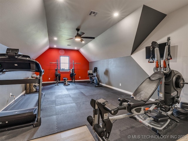 3241 E 171st St S, Bixby, OK 74008 - workout room with baseboards, a ceiling fan, and lofted ceiling