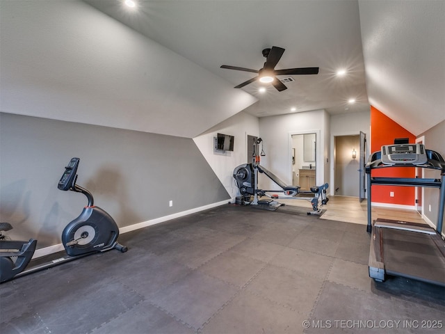 3241 E 171st St S, Bixby, OK 74008 - exercise area featuring ceiling fan, baseboards, vaulted ceiling, and recessed lighting